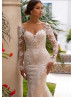 V Neck Ivory Lace Tulle Wedding Dress With Champagne Lining